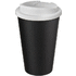Americano® Eco -kahvimuki kierrätetystä materiaalista, läikyttämätön, 350 ml, valkoinen, musta liikelahja logopainatuksella