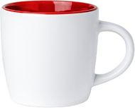 Muki, valkoinen, punainen liikelahja logopainatuksella