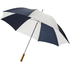 30" Karl-golfsateenvarjo puukahvalla, valkoinen, tummansininen liikelahja omalla logolla tai painatuksella
