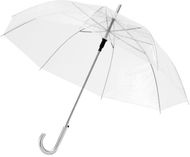 23" Kate-sateenvarjo puukahvalla, läpinäkyvä, automaattisesti avautuva, läpinäkyvä-valkoinen liikelahja logopainatuksella