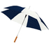 23" Lisa-sateenvarjo puukahvalla, automaattisesti avautuva, valkoinen, tummansininen liikelahja logopainatuksella