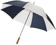 30" Karl-golfsateenvarjo puukahvalla, valkoinen, tummansininen liikelahja logopainatuksella