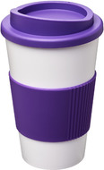 Americano® 350 ml eristetty muki oterenkaalla, valkoinen, violetti liikelahja logopainatuksella