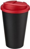 Americano® 350 ml muki, läikyttämätön kansi, musta, punainen liikelahja logopainatuksella