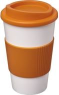Americano® 350 ml:n eristetty kahvimuki ottimella, valkoinen, oranssi liikelahja logopainatuksella