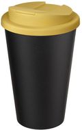 Americano® Eco -kahvimuki kierrätetystä materiaalista, läikyttämätön, 350 ml, keltainen, musta liikelahja logopainatuksella