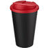 Americano® Eco -kahvimuki kierrätetystä materiaalista, läikyttämätön, 350 ml, musta, punainen liikelahja logopainatuksella