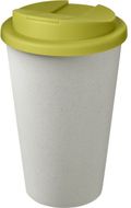 Americano® Eco -kahvimuki kierrätetystä materiaalista, läikyttämätön, 350 ml, valkoinen, kalkinvihreä liikelahja logopainatuksella