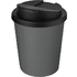Americano® Espresso 250 ml kahvimuki kierrätetystä materiaalista läikkymiseltä estävällä kannella, harmaa, musta liikelahja logopainatuksella