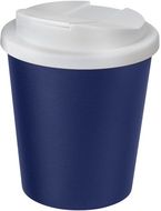 Americano® Espresso 250 ml muki, läikyttämätön kansi, valkoinen, sininen liikelahja logopainatuksella