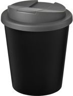 Americano® Espresso Eco 250 ml kahvimuki kierrätetystä materiaalista. Läikkymätön kansi., harmaa, musta liikelahja logopainatuksella