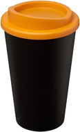 Americano® 350 ml eristetty muki, musta, oranssi liikelahja logopainatuksella