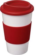 Americano® 350 ml:n eristetty kahvimuki ottimella, valkoinen, punainen liikelahja logopainatuksella