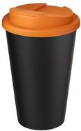Americano® Eco -kahvimuki kierrätetystä materiaalista, läikyttämätön, 350 ml, musta, oranssi liikelahja logopainatuksella