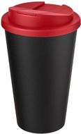 Americano® Eco -kahvimuki kierrätetystä materiaalista, läikyttämätön, 350 ml, musta, punainen liikelahja logopainatuksella