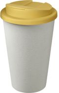 Americano® Eco -kahvimuki kierrätetystä materiaalista, läikyttämätön, 350 ml, valkoinen, keltainen liikelahja logopainatuksella