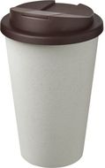 Americano® Eco -kahvimuki kierrätetystä materiaalista, läikyttämätön, 350 ml, valkoinen, ruskea liikelahja logopainatuksella