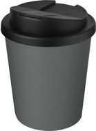 Americano® Espresso 250 ml kahvimuki kierrätetystä materiaalista läikkymiseltä estävällä kannella, harmaa, musta liikelahja logopainatuksella