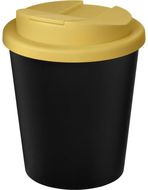 Americano® Espresso Eco 250 ml kahvimuki kierrätetystä materiaalista läikkymistä estävällä kannella, keltainen, musta liikelahja logopainatuksella