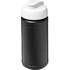 Baseline 500 ml:n kierrätetystä materiaalista valmistettu juomapullo läppäkannella, valkoinen liikelahja logopainatuksella