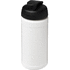 Baseline 500 ml:n kierrätetystä materiaalista valmistettu juomapullo läppäkannella, valkoinen, musta liikelahja logopainatuksella