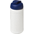 Baseline 500 ml:n kierrätetystä materiaalista valmistettu juomapullo läppäkannella, valkoinen, sininen liikelahja logopainatuksella