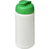 Baseline 500 ml:n kierrätetystä materiaalista valmistettu juomapullo läppäkannella, valkoinen, vihreä liikelahja logopainatuksella