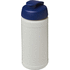 Baseline 500 ml:n kierrätetystä materiaalista valmistettu juomapullo läppäkannella, luonnollinen, sininen liikelahja logopainatuksella