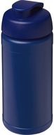 Baseline 500 ml:n kierrätetystä materiaalista valmistettu juomapullo läppäkannella, sininen, sininen liikelahja logopainatuksella