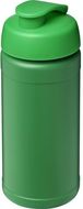 Baseline 500 ml:n kierrätetystä materiaalista valmistettu juomapullo läppäkannella, vihreä, vihreä liikelahja logopainatuksella