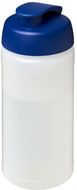 Baseline® Plus 500 ml läppäkantinen urheilujuomapullo, läpikuultava-valkoinen, sininen liikelahja logopainatuksella