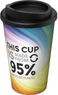 Brite-Americano® Recycled 350 ml:n eristetty kahvimuki, valkoinen, musta liikelahja logopainatuksella