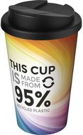 Brite-Americano® Recycled 350 ml:n läikyttämätön eristetty kahvimuki, valkoinen, musta liikelahja logopainatuksella