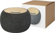 Ecofiber bambusta ja RPET-muovista valmistettu Bluetooth® -kaiutin ja langaton latausalusta, luonnollinen, harmaa liikelahja logopainatuksella