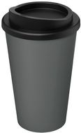 Kierrätetty Americano® 350 ml -muki, eristetty, harmaa, musta liikelahja logopainatuksella