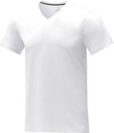Somoto miesten lyhythihainen v-aukollinen t-paita, valkoinen liikelahja logopainatuksella