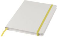 Spectrum-muistivihko, koko A5, valkoinen, värillinen nauha, valkoinen, keltainen liikelahja logopainatuksella