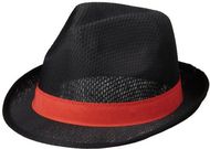 Trilby hattu nauhalla, musta, punainen liikelahja logopainatuksella