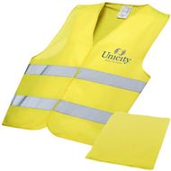 Watch-Out-turvaliivi pussissa, ammattikäyttöön, neon-keltainen liikelahja logopainatuksella