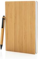 A5-bambumuistikirja- & kynäsetti, ruskea liikelahja logopainatuksella