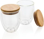 Borosilikaattilasinen lasi bambukannella 250 ml 2kpl, läpinäkyvä liikelahja logopainatuksella