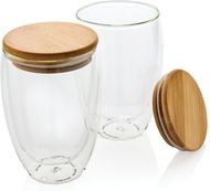 Borosilikaattilasinen lasi bambukannella 350ml 2kpl, läpinäkyvä liikelahja logopainatuksella