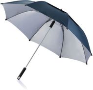 Hurricane-sateenvarjo myrskysäähän, sininen liikelahja logopainatuksella