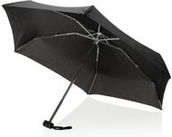 Minisateenvarjo, musta liikelahja logopainatuksella