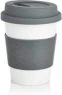 PLA -kahvimuki, valkoinen, harmaa liikelahja logopainatuksella