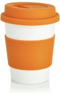 PLA -kahvimuki, valkoinen, oranssi liikelahja logopainatuksella