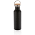 Pullo ruostumattomasta teräksestä bambukannella, musta liikelahja logopainatuksella