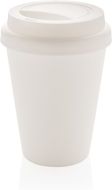 Uudelleenkäytettävä kaksiseinäinen kahvikuppi 300 ml, valkoinen liikelahja logopainatuksella