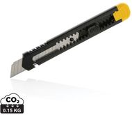 Uudelleentäytettävä paloittain katkeava veitsi RCS muovista, keltainen liikelahja logopainatuksella
