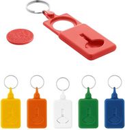 BUS. Kolikon muotoinen avaimenperä ostoskärryyn, punainen liikelahja logopainatuksella